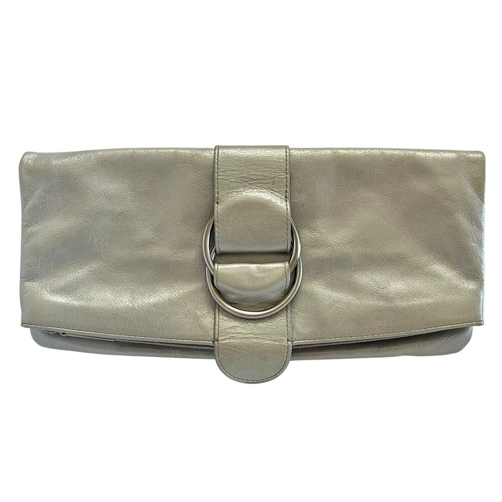HOBO Madeline Metallic Silver Leather Buckle Foldover Clutch Handbag Evening Bag